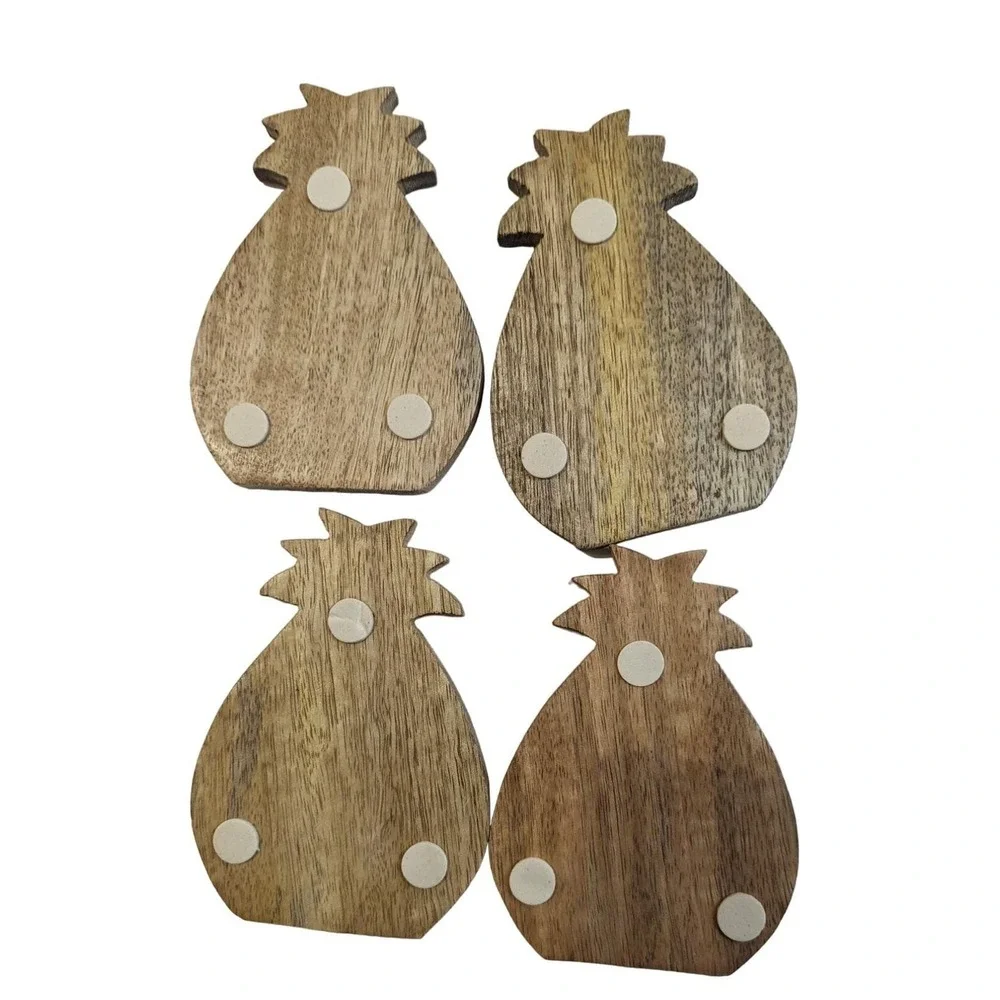 Pineapple Shaped Wood Coasters Set of 4 Tropical Boho Home‎ Decor Brown Wood